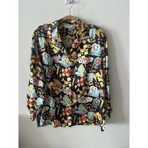 Vtg Van MacDowell Silk Blouse Women's 2XL Game Night Cards Dice Chess 80's
